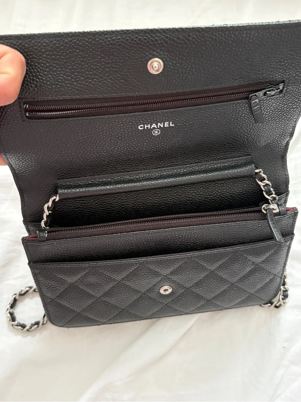 CHANEL Black Quilted Caviar Leather Crossbody Wallet with Silver Chain